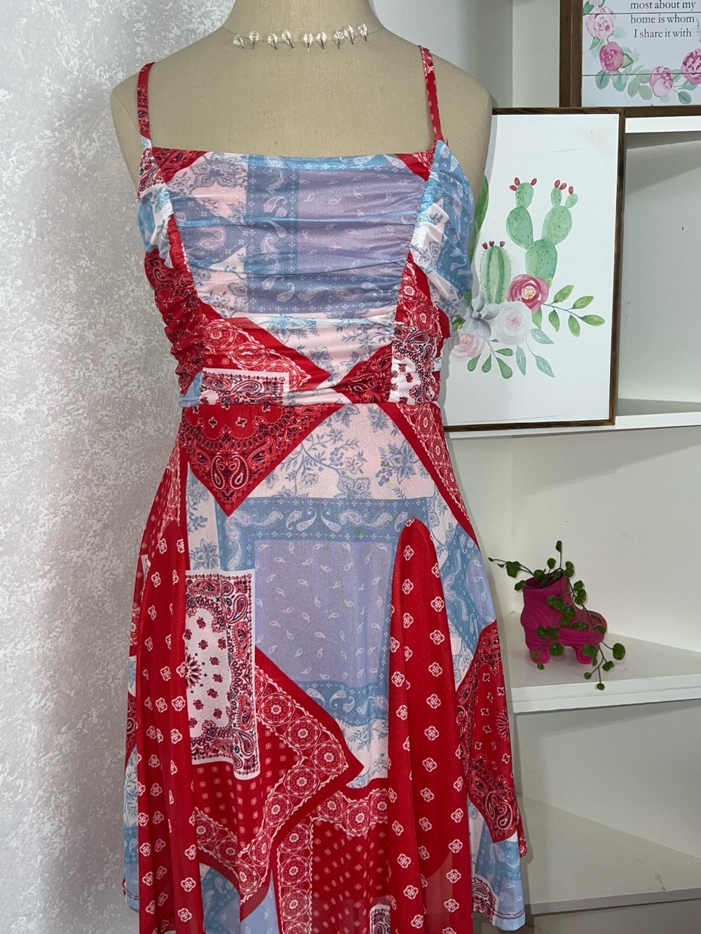 Red and Blue Patchwork Midi Dress with Spaghetti Straps